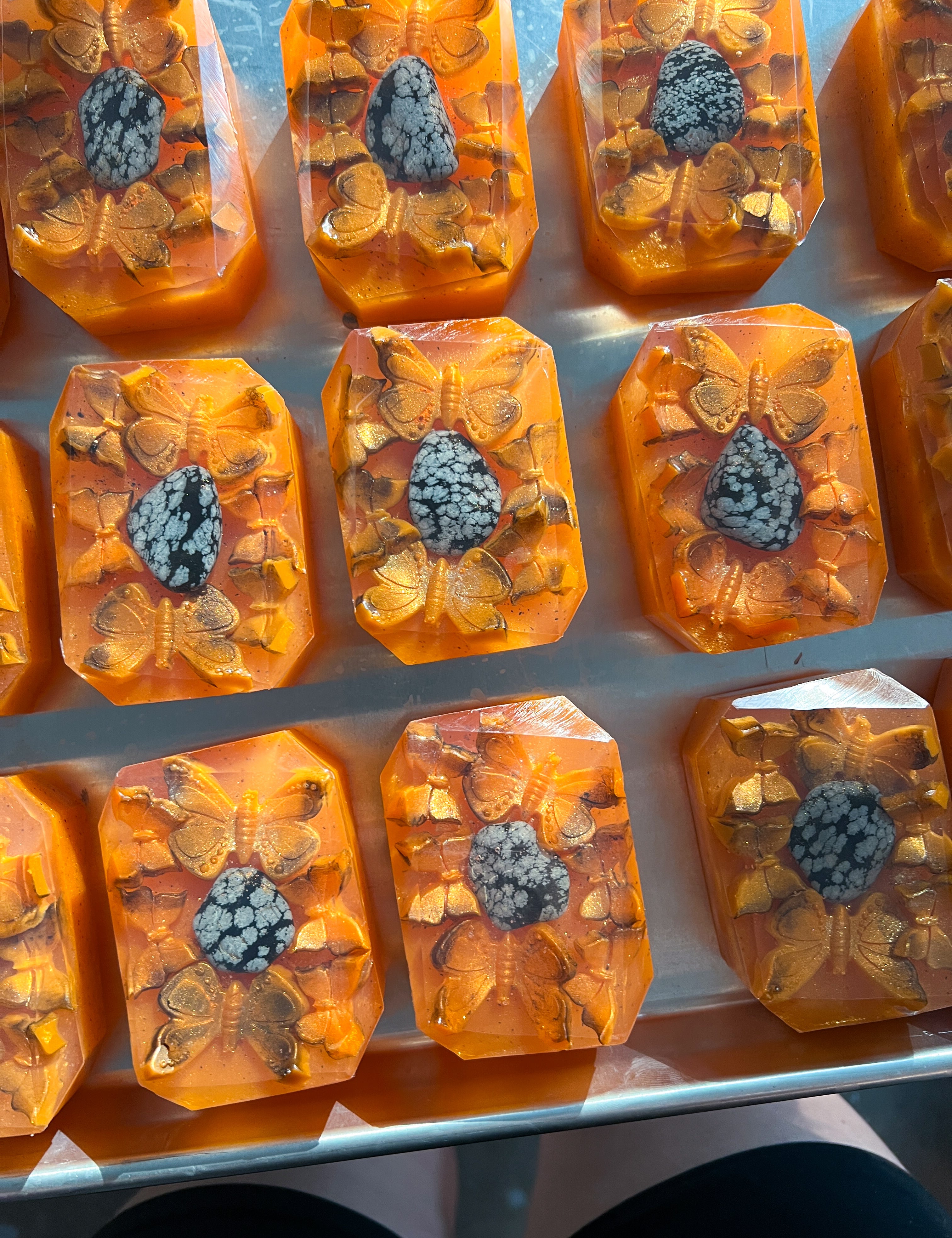 mariposa butterfly crystal bar soap dia de los muertos (dead of the dead) infused with snowflake obsidian 