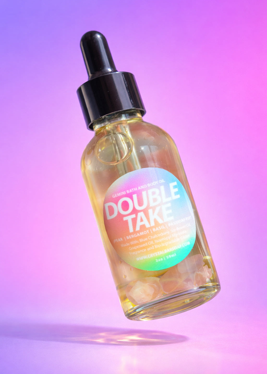 Bottle labeled 'Double Take' with a colorful label on a gradient background