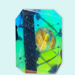 Evening Aurora soap by Crystal Bar Studio featuring an amethyst crystal, handcrafted vegan bar soap inspired by the colors of the northern lights for calmness and balance.