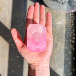 Wild Roses mini vegan soap by Crystal Bar Studio featuring a rose quartz crystal, handcrafted 3 oz bar scented in roses for love, beauty, and self-care.