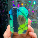 Evening Aurora soap by Crystal Bar Studio featuring an amethyst crystal, handcrafted vegan bar soap inspired by the colors of the northern lights for calmness and balance.