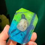 Evening Aurora soap by Crystal Bar Studio featuring an amethyst crystal, handcrafted vegan bar soap inspired by the colors of the northern lights for calmness and balance.